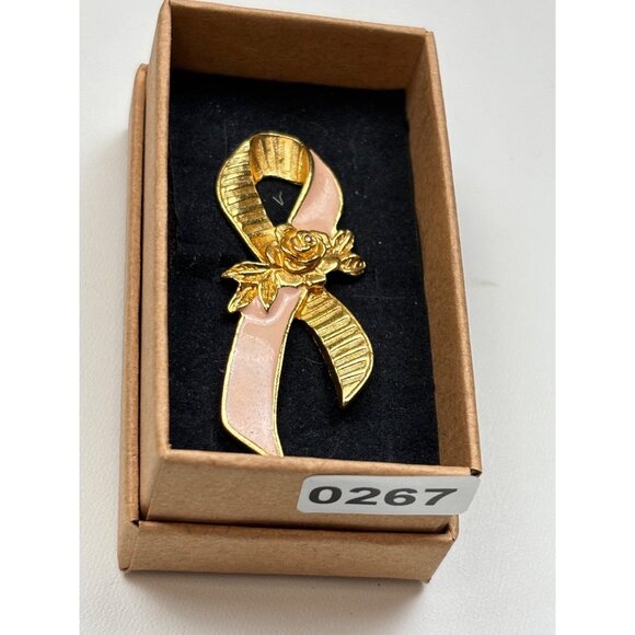 AVON Gold & Pink Awareness Ribbon Pin With Rose In Gift Box - Picture 5 of 5